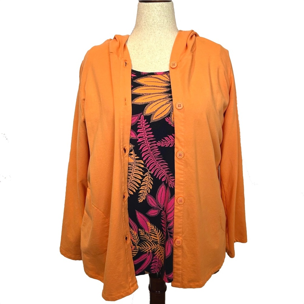 Denim & Co. Beach French Terry Roll Tab Sleeve Hooded Jacket - Apricot EUC - 1X